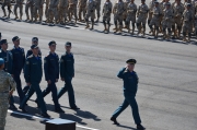 В строю торжественным маршем во время церемонии открытия учения идет подразделение МЧС России